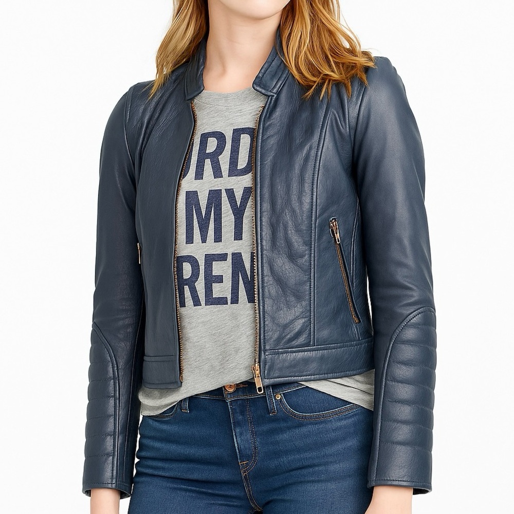 J.Crew Collection Standing-Collar Leather Moto Jacket – Deep Slate Blue (Size 0)